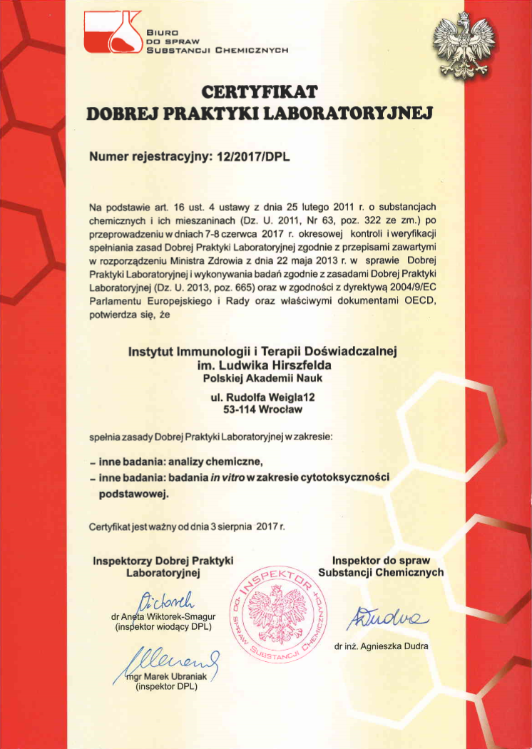 Certyfikat DPL (Dobrej Praktyki Laboratoryjnej)