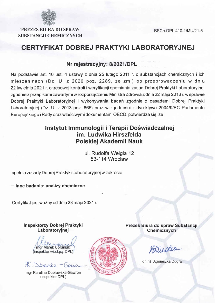 Certyfikat DPL (Dobrej Praktyki Laboratoryjnej)