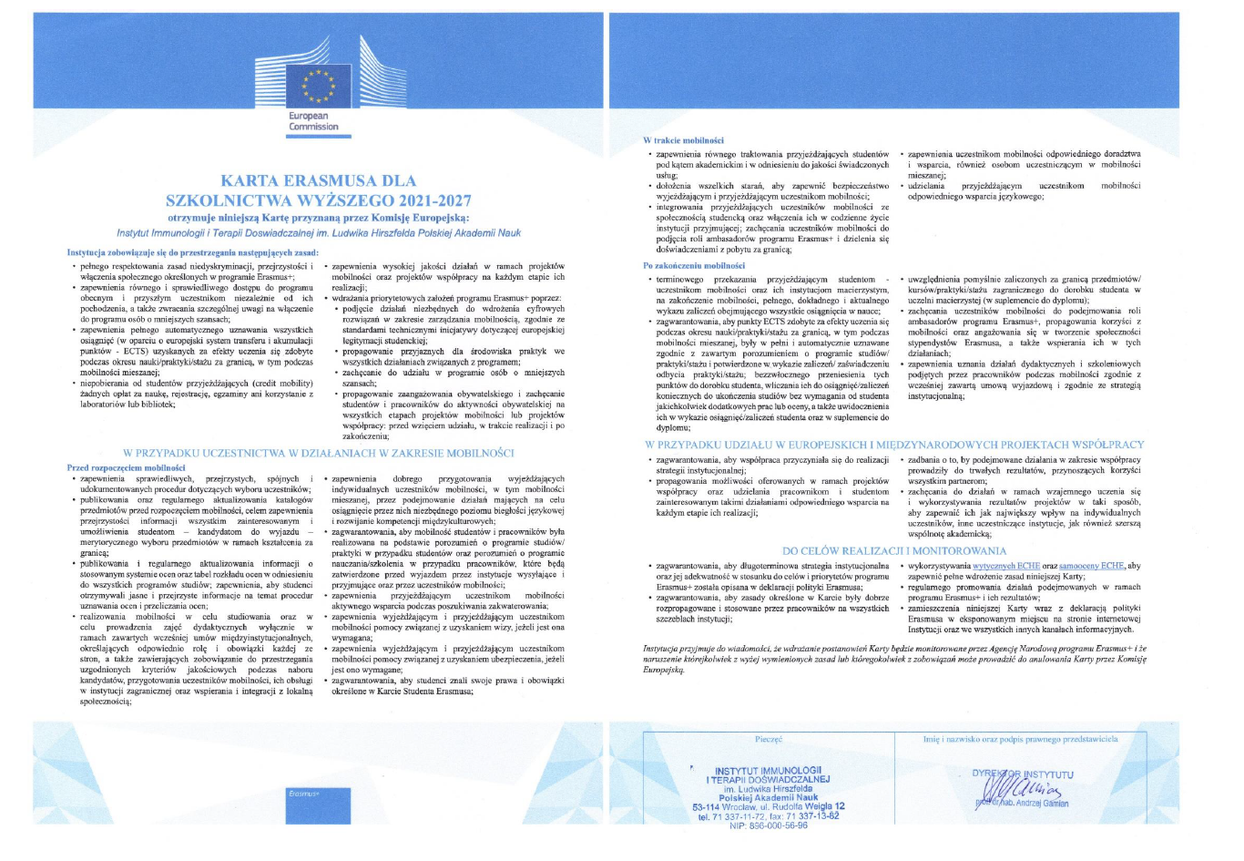 Karta Erasmus+ ECHE 2021-2027 - Instytut Immunologii i Terapii ...