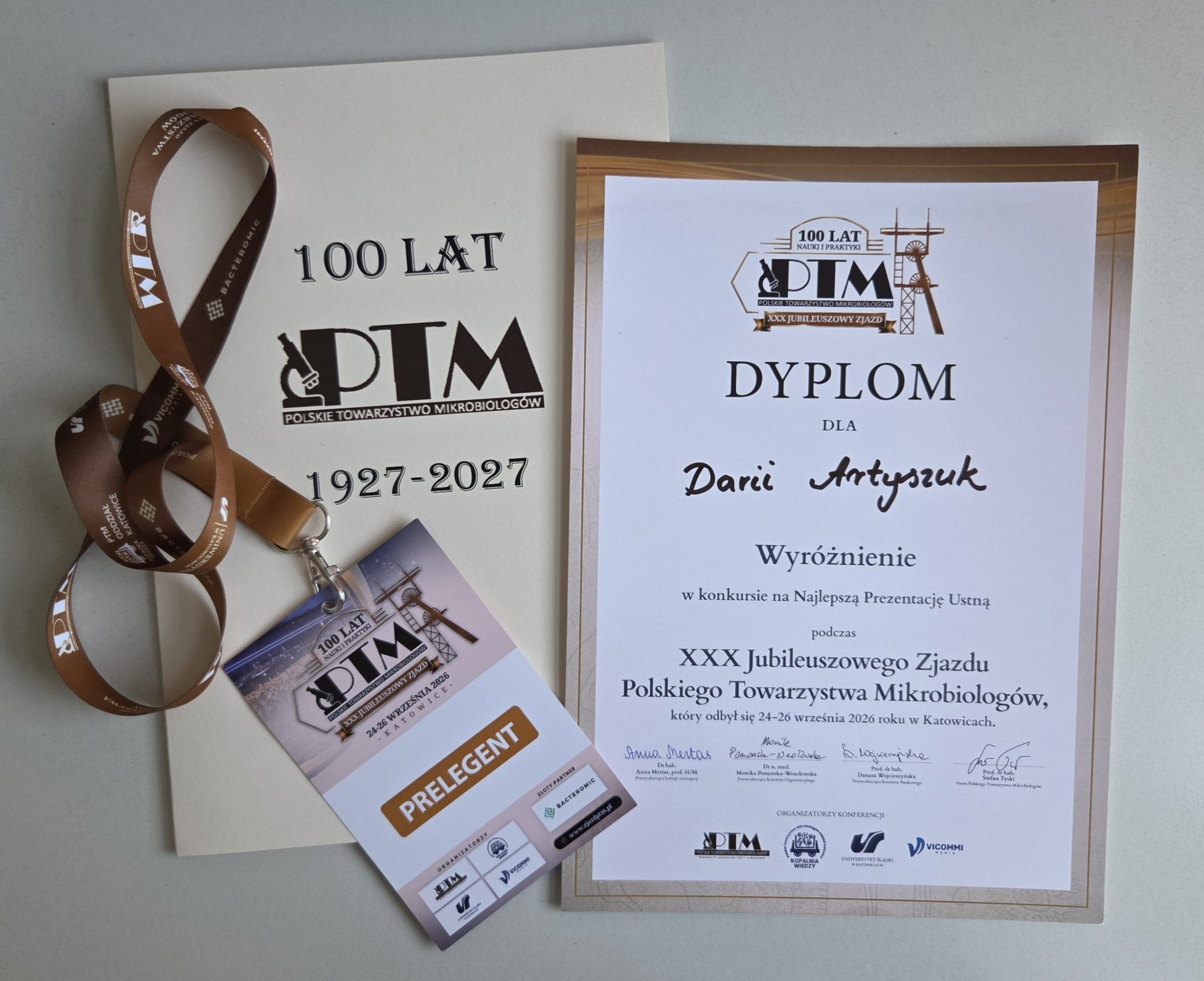 Dr Daria Artyszuk honored at the 30th Jubilee Congress of the Polish Microbiological Society